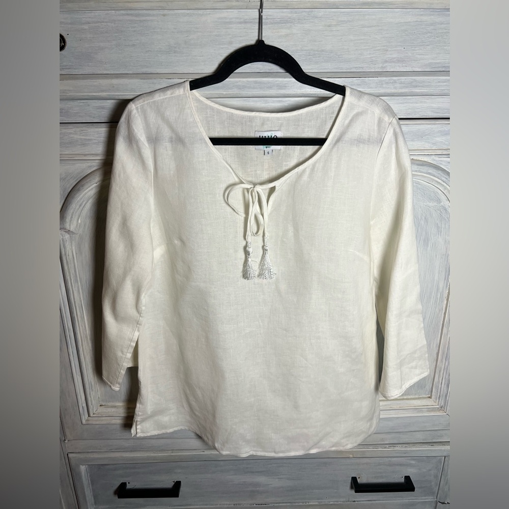 HIHO‎ Tortola White Linen 3/4 Sleeve Tunic Minimalist Lagenlook Beachy